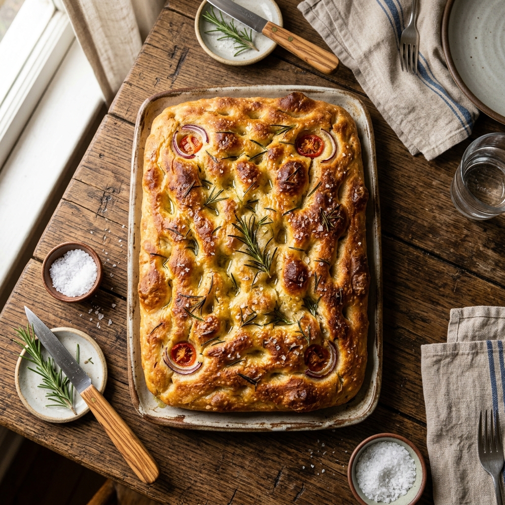 A beautiful overhead shot of a freshly baked sourdough focaccia