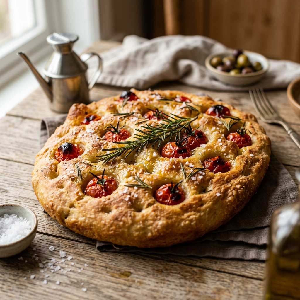 Detail of freshly baked sourdough focaccia topped with tomatoes and rosemary